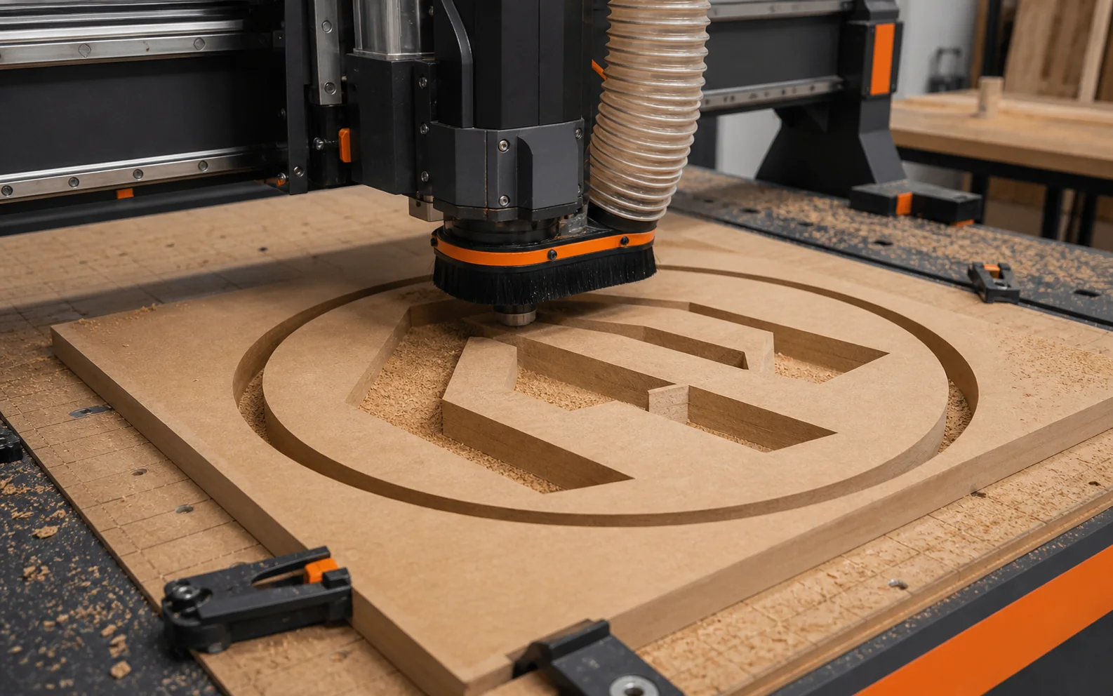 Siyah kompozit levha üzerinde hassas CNC router kesimi